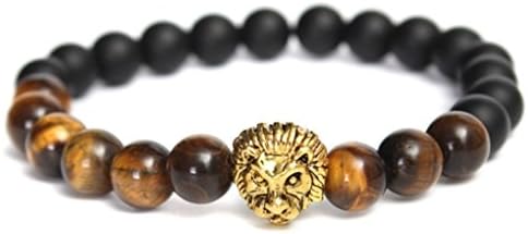 Tiger Eye Stone Matte Plastic Beads Lion Head Bracelet For Men