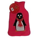 Hot Water Bottle Cosy Fleece Plush Bag with Penguin Dark Pink