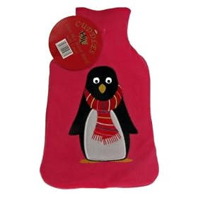 Hot Water Bottle Cosy Fleece Plush Bag with Penguin Dark Pink