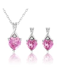 Sterling Silver Created Pink Sapphire and Accent Diamond Earring and Pendant Set (0.222 Cttw, G-H Color, I3 Clarity)