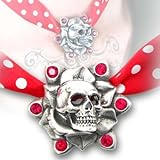 Skull Rose Pendant with Red and White Poka Dot Necklace - Made from Fine English Pewter