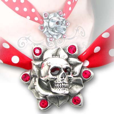 Skull Rose Pendant with Red and White Poka Dot Necklace - Made from Fine English Pewter