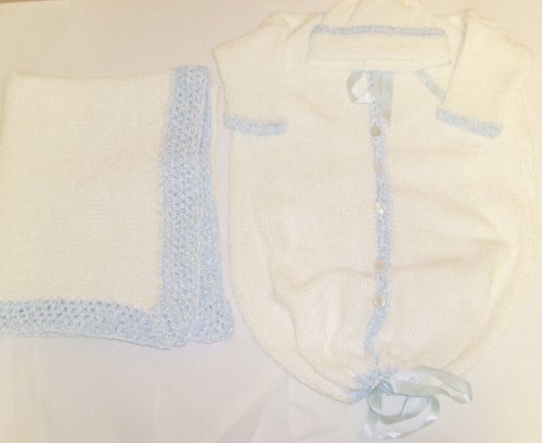 Hand Knitted Natural Chenille Finished By Hand Crochet with Blue Chenille Baby Bunting, Hat Set Matching Blanket