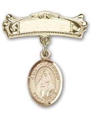 Gold Filled Baby Badge with St. Hildegard Von Bingen Charm and Arched Polished Badge Pin