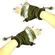 Winter Soft Fuzzy Furry Real Fur Trim Fingerless Half Cuff Off Gloves Olive S/M