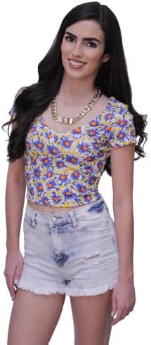 Bliss Boutique Junior's Daisy Print Short Sleeve Crop Top Blue Large