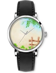 SPRAWL Aanalog Fashion Series Silver Ladies Watches of Genuine Black Leather Strap,Unique Wrist Watch for Women Girls Designed with Park Bench