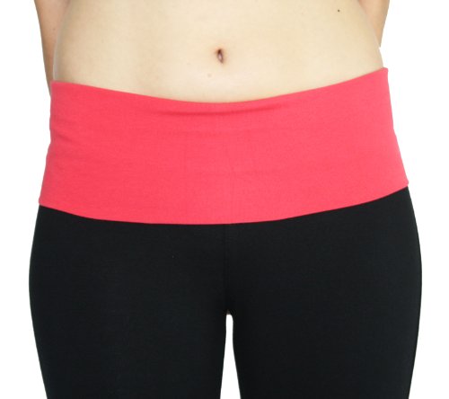 Fold Over Waist Solid and Contrast Lounge Pants (Medium, Black/Red-Coral)