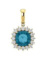 18K Yellow Gold 8.00x8.00mm Antique Cushion Cut London Blue Topaz and Diamond Pendant -- LIFETIME WARRANTY