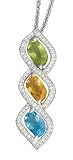 14K White Gold Hand-Crafted Designer Curve-Shaped Pendant, Enhanced with Pave Set Diamonds and Blue Topaz, Citrine and Green Amathyst, Sliding on a 16'' Cable-Chain Necklace.(GH-Color, SI-Clarity, c.t.t.w.0.32CT, Color Stones 3.32CT).