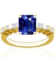 18K Yellow Gold Emerald Cut Blue Sapphire Ring With Sidestones