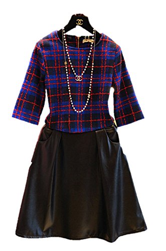 セットアップワンピ ウールセーター+フェイクレザースカート 2ピースコーデ チェック柄 秋冬物 英国レトロ風 7分袖 ミディ丈フレアスカート  クマのぬいぐるみ付き K-876