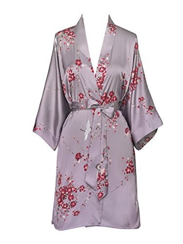 Old Shanghai Women's Kimono Robe Short - Watercolor Floral, cherry blossom & crane- dusk