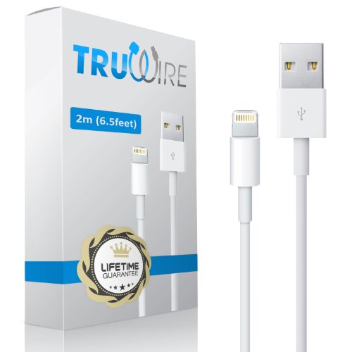Truwire (2m / 6.56 ft) Lightning Cable to USB for Apple iPhone 5 / 5C / 5S, iPad Air, iPad mini, iPod Nano (7th generation) iPod touch (5th Generation) - Best Compatible Charger Cord for Data and Syncing - Guaranteed Wire to Work with iOS7 - Fits All Aftermarket Cases and Accessories - Long and Portable - Original 8 Pin connector on Lightning End - Fits All USB Car Chargers (White)