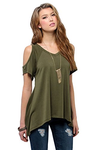 Bella C Women's Casual V Neck T Shirt Shoulder Off Tunic Tops (S, Army Green)