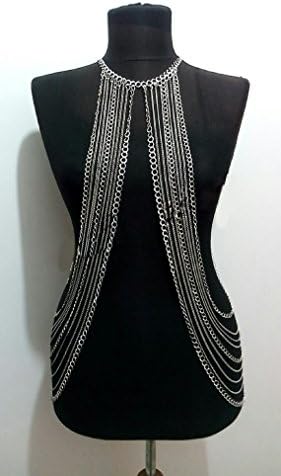 GDSHOP Long Silver Gold Fringe Bib Multi Layer Necklace Full Body Chain Bikini Harness Vintage Punk Slave Necklace Jewelry