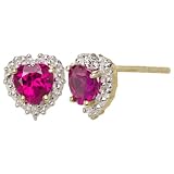 10k Yellow Gold Heart Shaped Lab-Created Ruby and Diamond Earrings