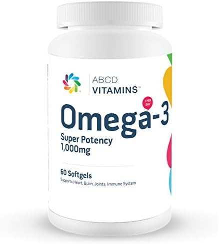 Omega 3 All Natural Purified Fish Oil Concentrate Pills - 1,000 mg - By ABCD Vitamins - Super High Potency Supplements - Gold Quality Standard - Essential Fatty Acids 180 EPA and 120 DHA - 60 Softgels - Supports Heart, Brain, Joints, Immune System