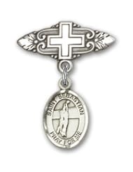 Sterling Silver Baby Badge with St. Sebastian Volleyball Charm and Badge Pin with Cross