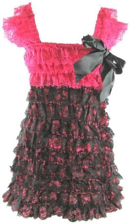 Lace Ruffle Romper Dress (XL (2T-4T), Hot Pink/Black)