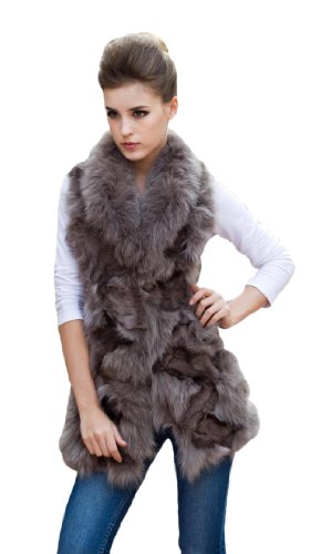 QUEENSHINY レディーズ フォックスファー100% フォックスファー毛襟 羊皮 皮革 ベスト ロング丈 毛皮コート