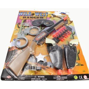 Wild West Ranger COMBO TOY GUN DART SET: Includes: Dart Shooting Rifle, Handcuffs, Eye Mask, Two Pistol Magnum Toy Guns, Holster, Sheriffs Badge