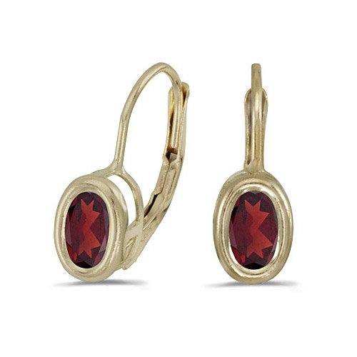 14k Yellow Gold Oval Garnet Bezel Lever-back Earrings
