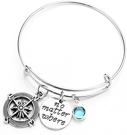 No Matter Where Compass Round Alloy Charm Rhinestone Bracelets Expandable Wire Bangle Bracelets (Blue)