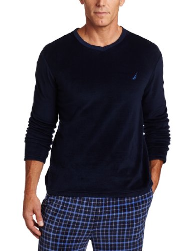 Nautica Men's Sleepwear Long Sleeve Sueded Fleece V-neck Tee, Black Iris, Small