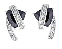 Platinum Overlay Sterling Silver Black Trillion-Cut Cubic Zirconia w/ White Cubic Zirconia Swirl Earrings