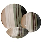 Elegant Granite Stripes Fine Stoneware Dinner Set, Cream / Green / Browns - 12 Pieces