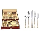 World Gifts 65-Piece Flatware Set, 304 (18/10) Premium Surgical Stainless Steel Silverware, Service for 12, 24K Gold Plated, Hostess Serving Set in a Wood Cas