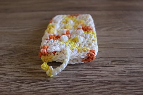 Crochet spa soap saver in orange, yellow and white, crochet scrubbie, crochet spa scrubbie, crochet massage soap saver