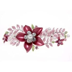 Pink Flower Leaf Blossom Crystal Hair Clip Barrette Jewelry