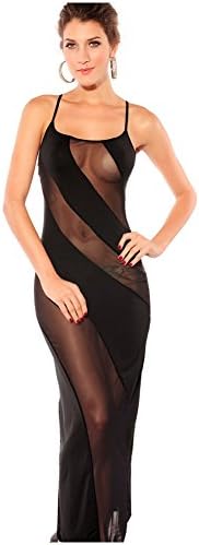 HLHMarket Women's Bias-cut Mesh Illusion Gown Lingerie Sleepwear Set Black