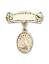 Gold Filled Baby Badge with St. Blaise Charm and Arched Polished Badge Pin. Catholic Saint Blaise Patron Saint of Throat Ailments, Veterinarians, Wild Animals, Sore Throat