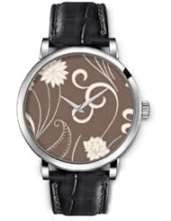 SPRAWL Aanalog Fashion Series Silver Ladies Watches of Genuine Black Leather Strap,Unique Wrist Watch for Women Girls Designed with White flowers on coffee background