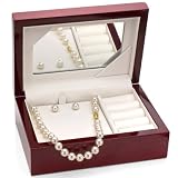 14k Yellow Gold 8-9mm White Japanese Salt Water Akoya Pearl High Luster Necklace 18" With Matching Earring Jewelry Set. Include a Wood Jewelry Box with Mirror. Most Wanted Mother's Day Gifts.