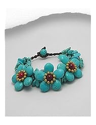 Flower Cotton Waxed Thread Turquoise Bracelet In Brass