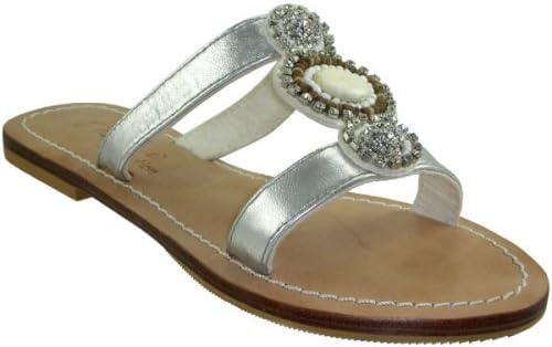 Skemo Votka Women's T Strap Jeweled Flat Leather Sandals (6, Silver)