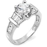 Solid Sterling Silver Engagement Ring, Features a Round Brilliant Center Stone with Baguette-Cut and Princess Cut Side Stones,Comes with Gift Box and Pouch. Available in size 4 to 10. (S3R0003)
