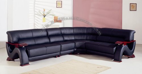 Modern Furniture Black Leather Sectional Sofa w/Mahogany Armrests and Legs