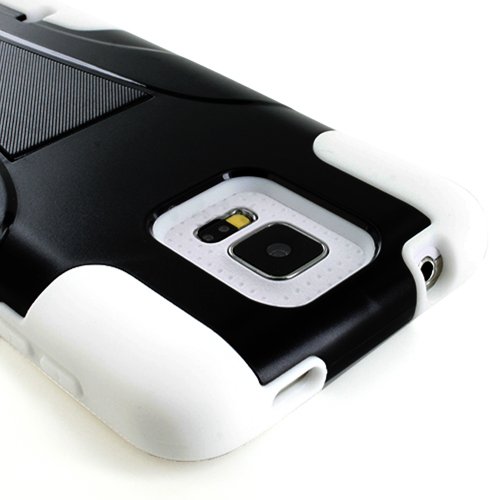 myLife Dark Black and White - Neo Hybrid Series (Built In Kickstand) 2 Piece + 2 Layer Case for NEW Galaxy S5 (5G) Smartphone by Samsung (External Hard Fit Armor With Built in Kick Stand + Internal Soft Silicone Rubberized Flex Gel Bumper Guard)