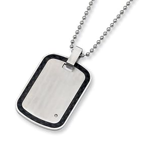 Black Carbon Fiber, Stainless Steel and Diamond Dog Tag on 24" Bead Chain