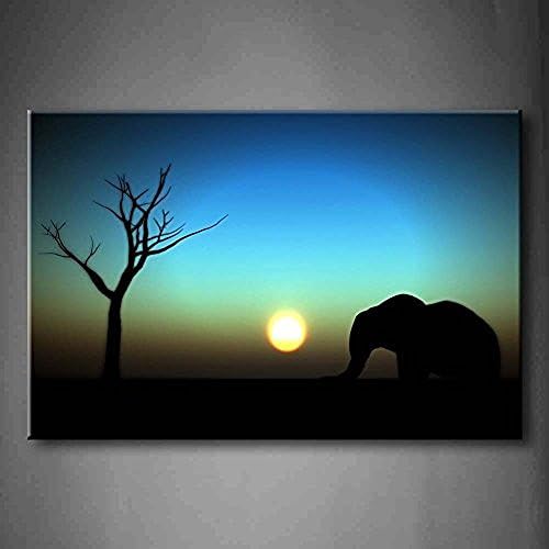 Bling Decor Blue Elephant Sunrise An Image Of An Elephant Silhouette With A African Sky Background Wall Art Painting Picture Print On Canvas Animal Pictures For Room