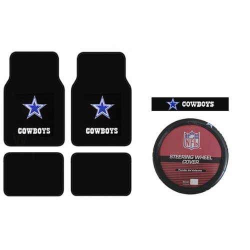 A Set of 4 Universal-Fit NFL Plush Carpet Floor Mats and Comfort Grip Steering Wheel Cover - Dallas Cowboys