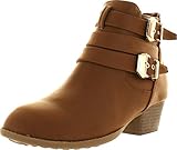 Top Moda Cl-14 Women's Buckle Straps Stacked Low Heel Ankle Booties,Tan,8
