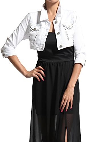 TheMogan Women's Embellished 3/4 Sleeve Crop Jean Jacket - White - Small