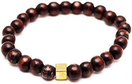 RAVE Mens Shamballa Wood Bead Bracelet Brown with Gold Bead Charm