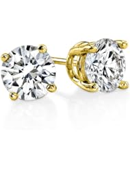 Diamond Stud Earrings Round Brilliant Shape Yellow Gold 18K 4 Prong Push Back ( J Color SI2 Clarity 2 Carat t.w. Weight )